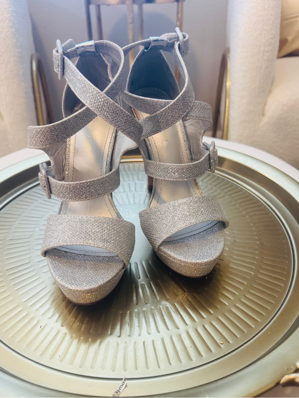 Women's Silver Glitter Strappy Platform Heels